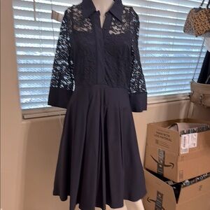 Elegant Navy Blue Dress With Lace Bodice And Sleeves